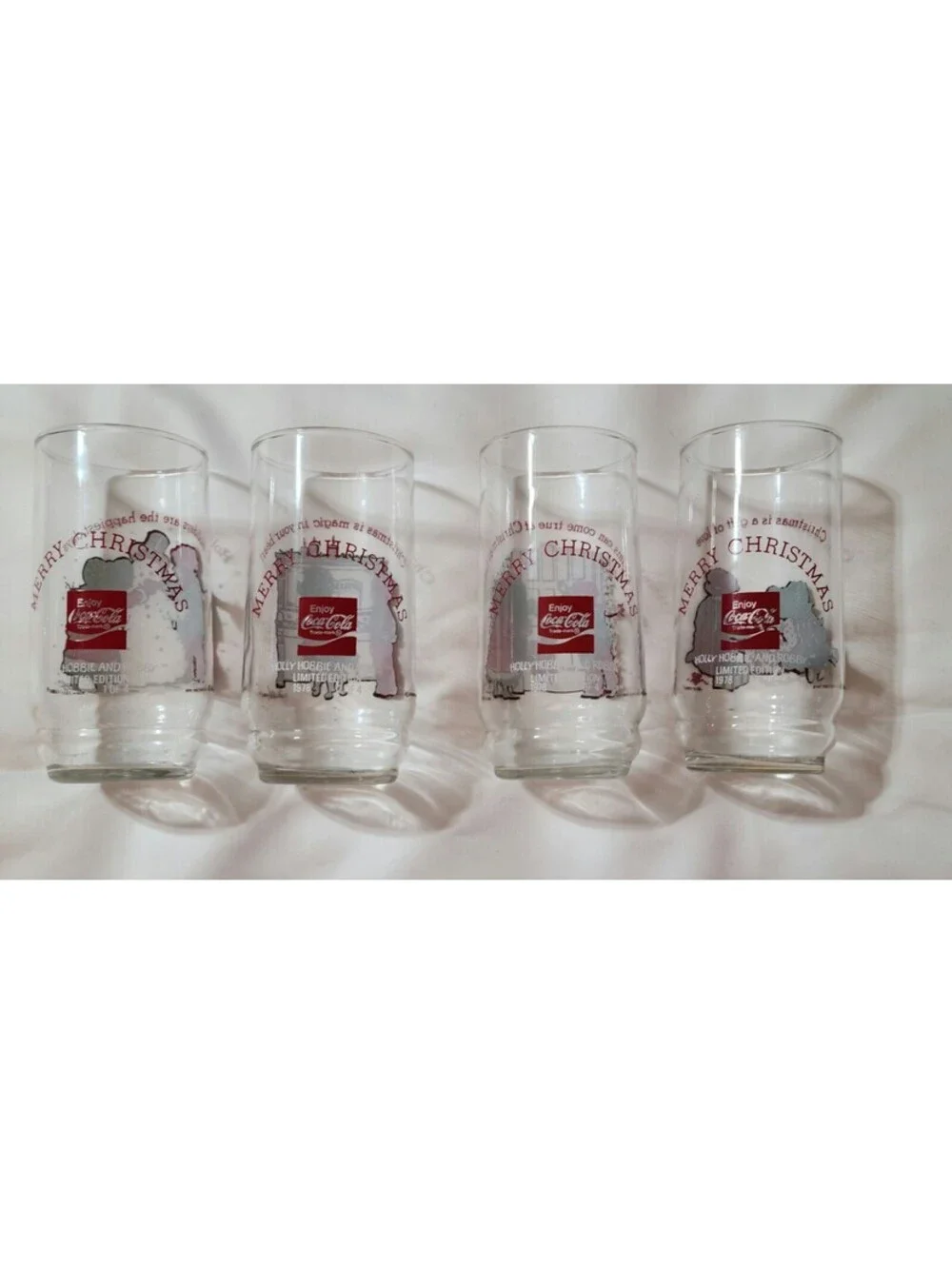 4pc Vintage 1978 Holly Hobbie & Robby Coca-Cola Christmas Glasses Home Decor EUC